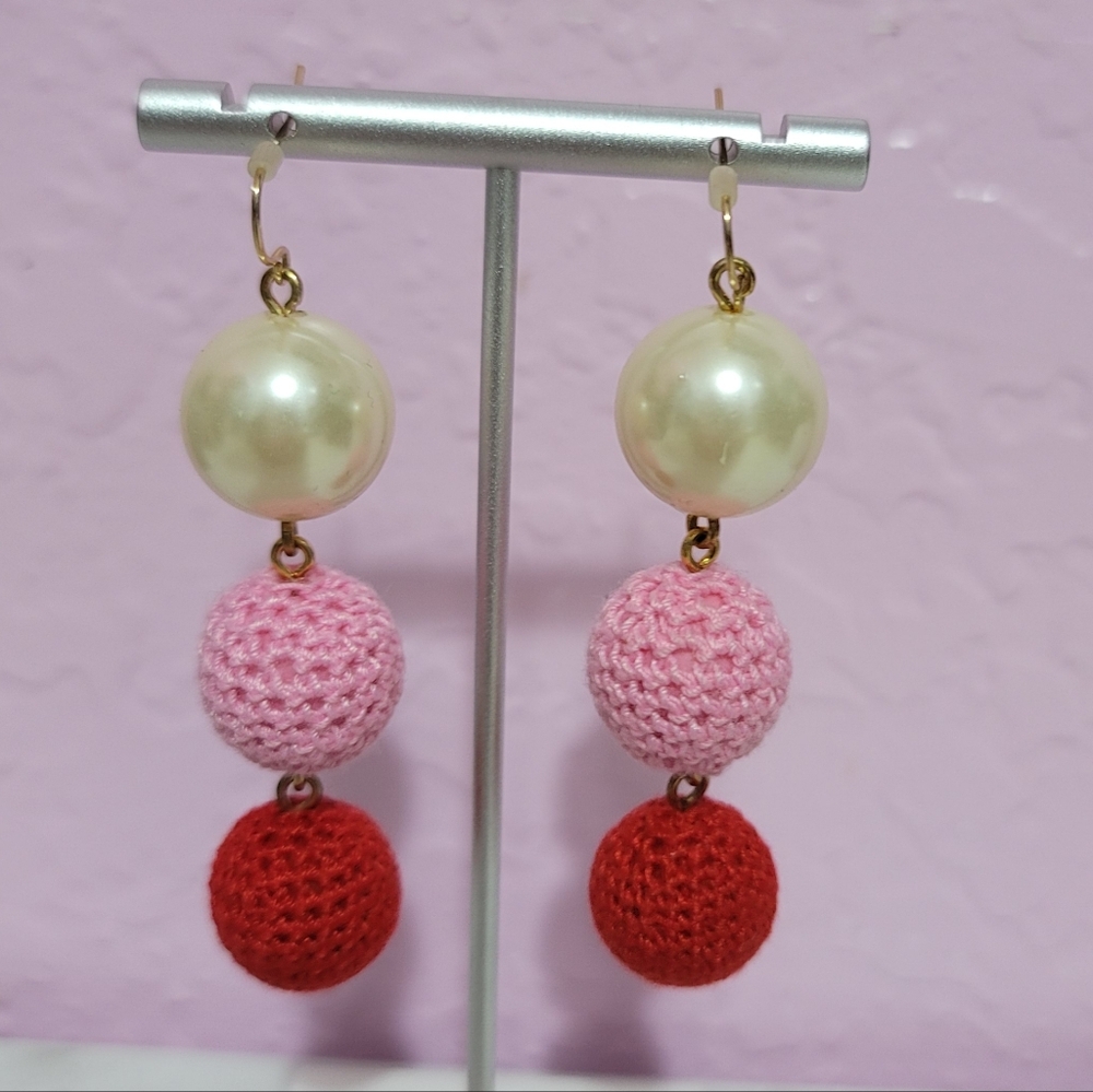 J. Crew Cerise Crochet Pearl Pink Red Drop Earrings